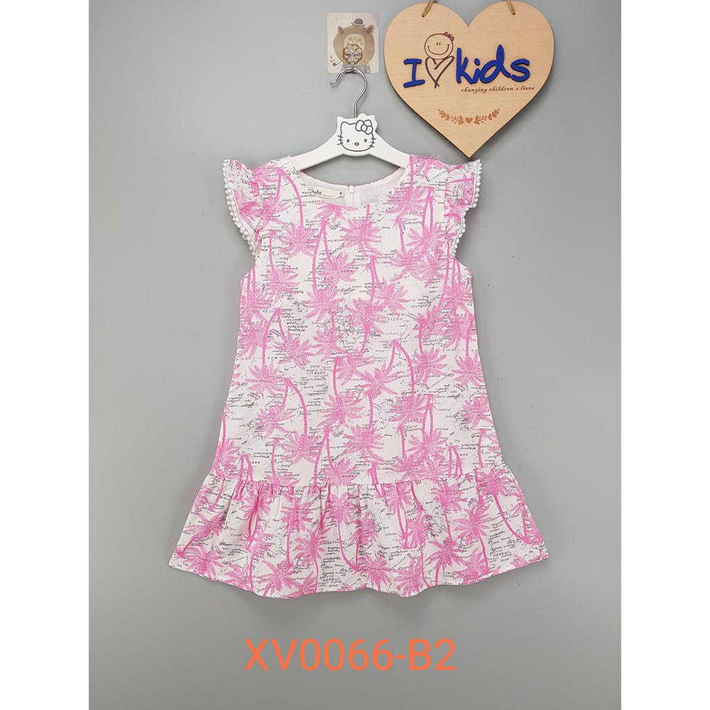 XV0066-B1 - Váy bé gái , thô , tay hến , in hoa lá , màu xanh coban , size nhỡ 8t-12t.