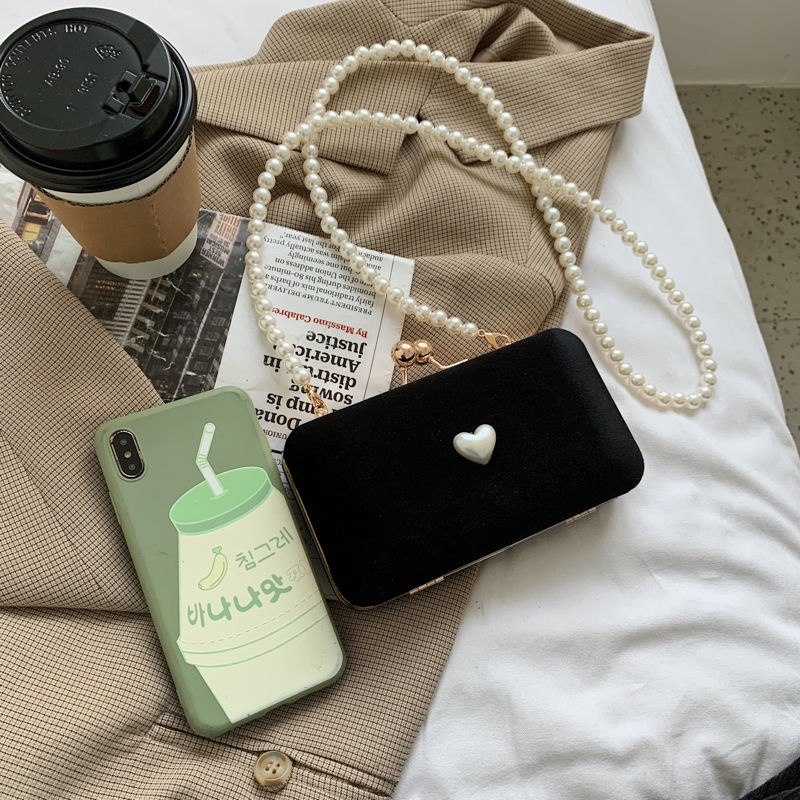 Túi Đeo Chéo Dáng Vuông Nhỏ Bằng Vải Nhung Đính Hạt Ngọc Trai Đơn Giản Phong Cách Retro Hàng Mới 2020 Dành Cho Bạn Nữ