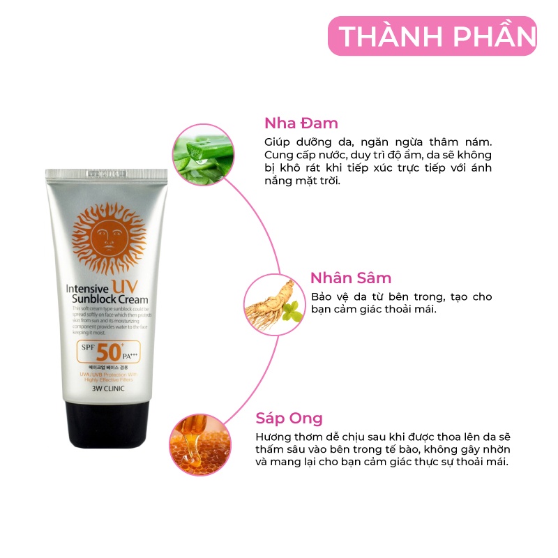 Kem chống nắng 3W Clinic Intensive UV Sunblock Cream Hàn Quốc SPF 50 PA+++ 70ml