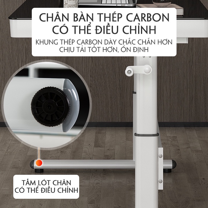 Bàn làm việc mặt kính cường lực , Bàn máy tính có ngăn kéo nâng hạ thông minh hàng nhập khẩu cao cấp