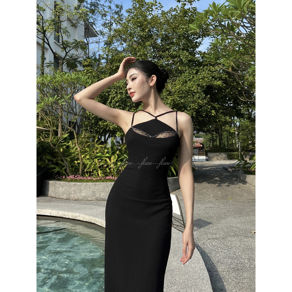 Váy body đen đan dây viền đá - [Freeship] - đầm thiết kế Flane