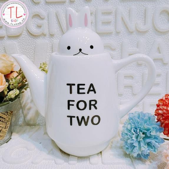 Ấm trà nắp hình thỏ TEA FOR TWO - Ấm trà sứ trắng dễ thương