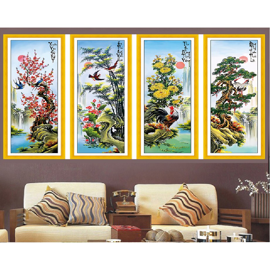 [MN0120] Tranh thêu KÍN tứ quý Tùng cúc trúc đào 146x100 cm - Tranh thêu chữ thập tứ quý xuân hạ thu đông mua về tự thêu