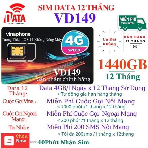 SIM VD149 12T- 1440GB ( Miễn Phí Data ) và Gọi Miễn Phí và nhắn tin Miễn Phí -Sản Phẩm Sử Dụng Bảo Hành 12 Tháng