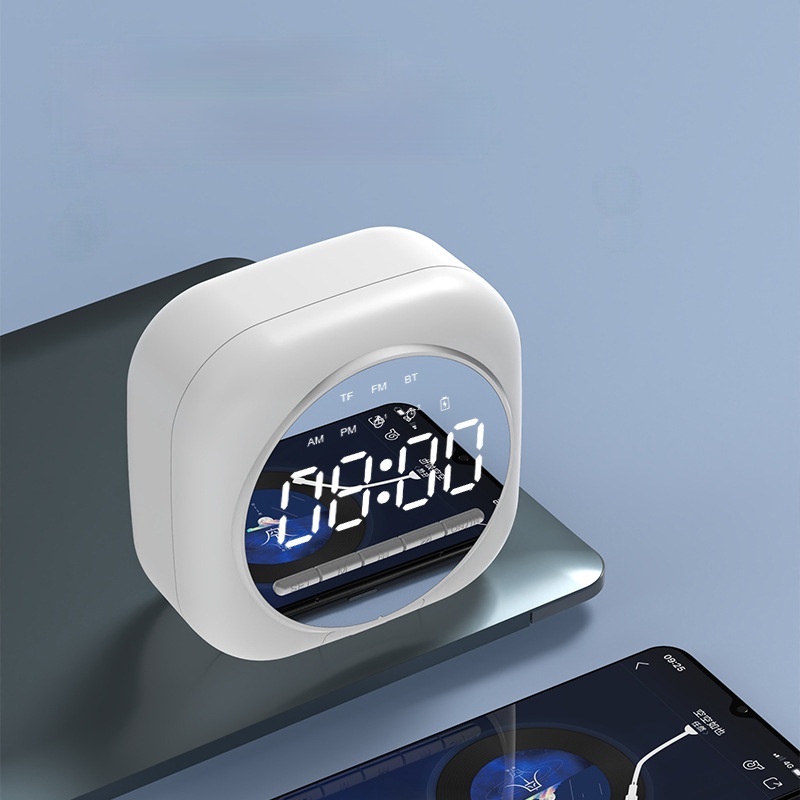 Loa Bluetooth Mini Mặt Gương Kiêm Đồng Hồ Báo Thức Giá Đỡ