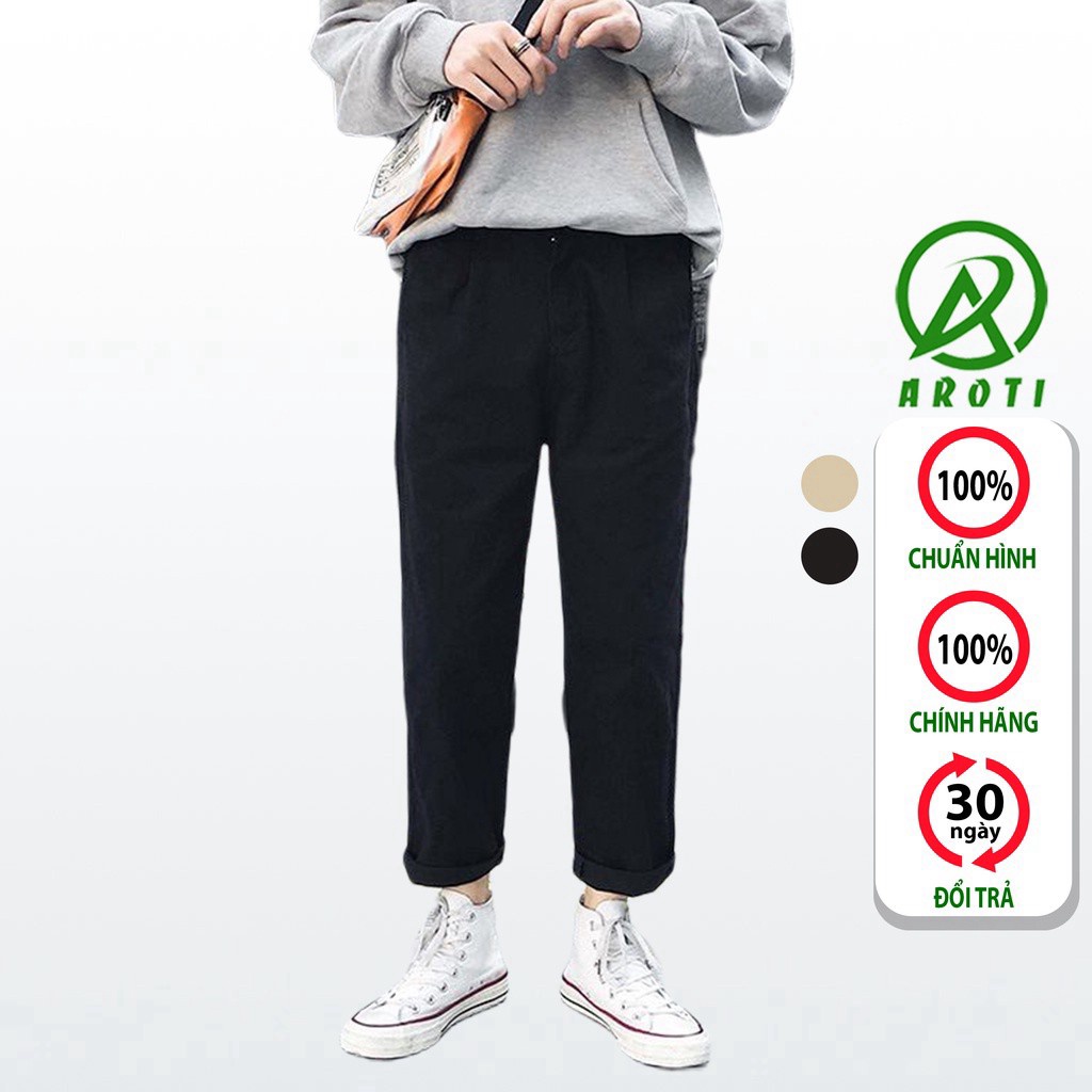 Quần Baggy Nam Nữ AROTI Ống Suông Rộng Vải Kaki Đẹp Dáng Âu Đứng Basic,Cạp Chun,Màu Đen-Be,Tiện Mặc Đi Học BG01-Đ
