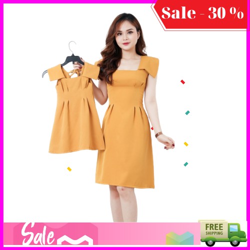 Đầm đôi mẹ và bé gái cua lại vk bâu màu vàng sét 2 mẹ con mang dự tiêc (anh shop kèm video)