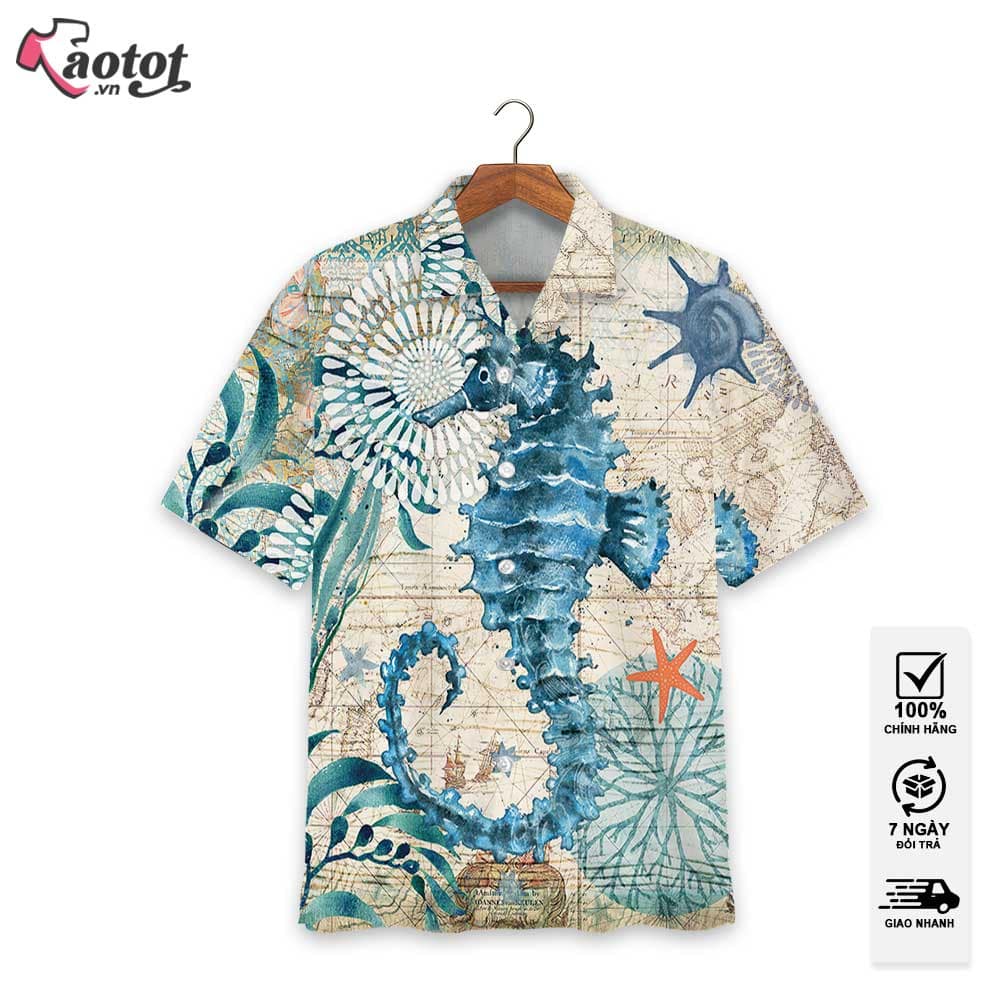 Áo Hoạ Tiết Áo Cá Ngựa Biển Đại Dương, Áo Sơ Mi Hawaii Du Lịch, Tông Màu Vintage , Vải Cao Cấp, Thoáng Mát