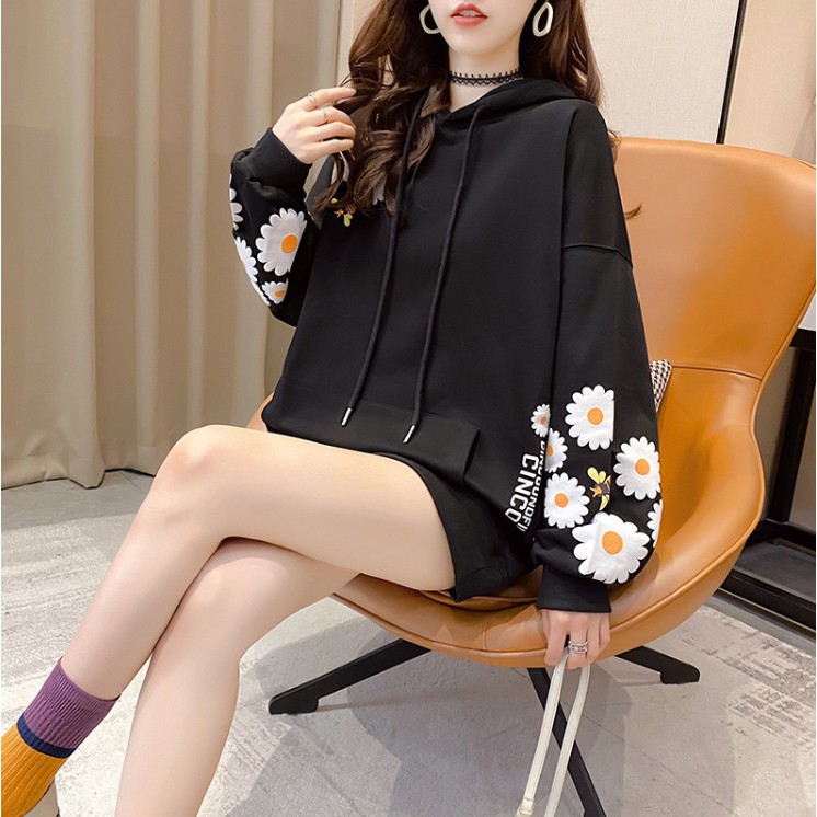 ÁO HOODIE NỮ FORM DÀI RỘNG HỌA TIẾT HOA CÚC HOT TREND 2021