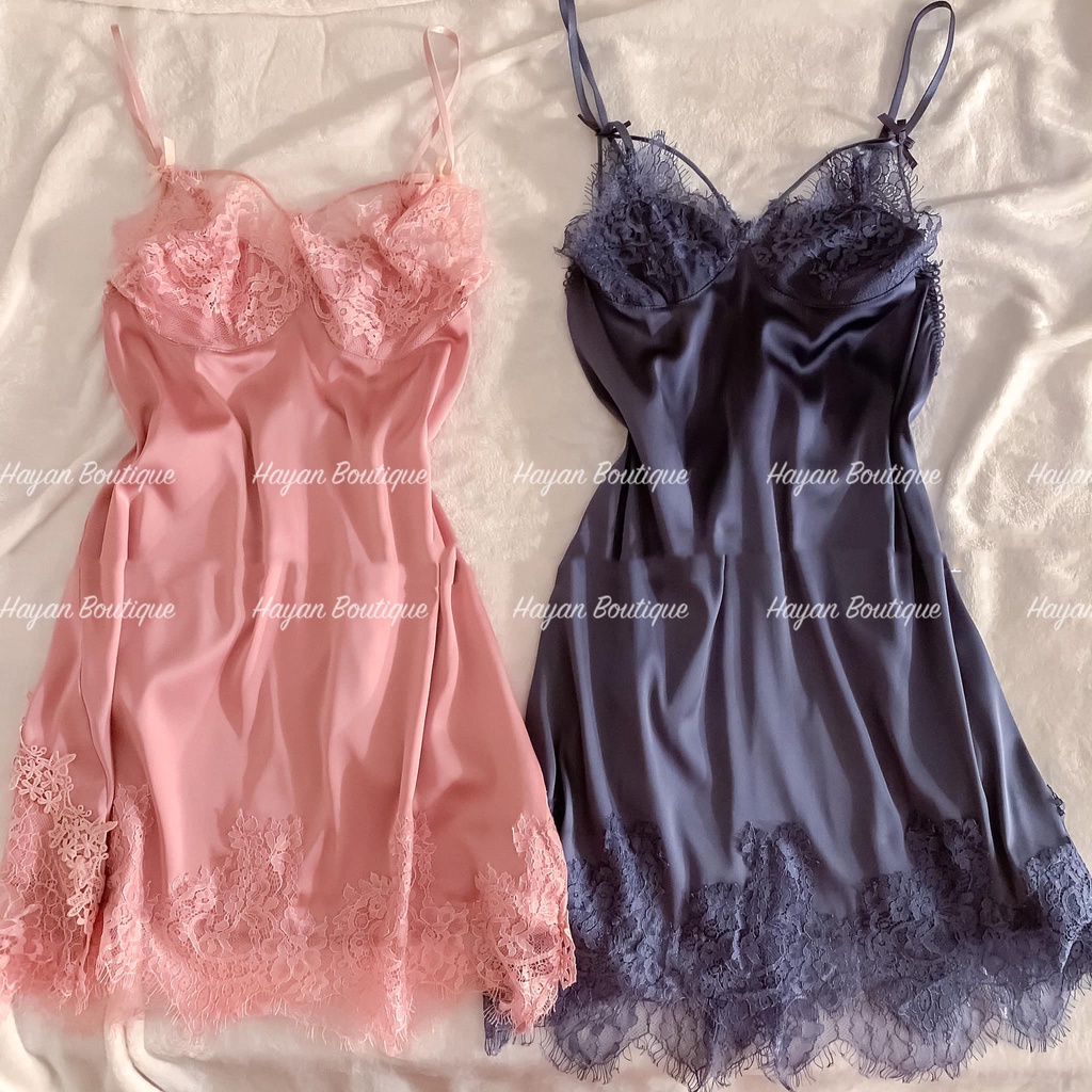 HT59 Váy ngủ sexy phối ren dây ngực quyến rũ, đồ ngủ lụa dáng xuông gợi cảm HT59