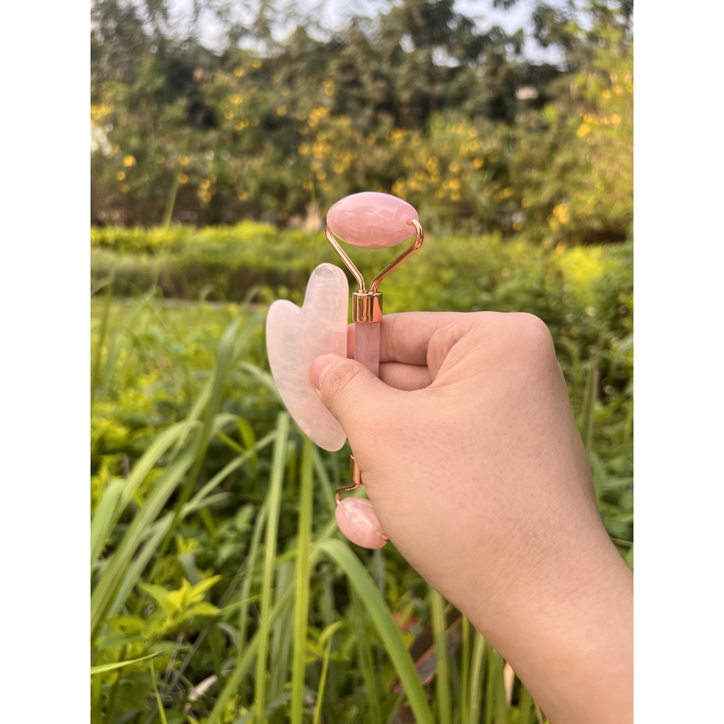 Combo Đá GuaSha và Đá lăn Massage mặt cao cấp màu hồng