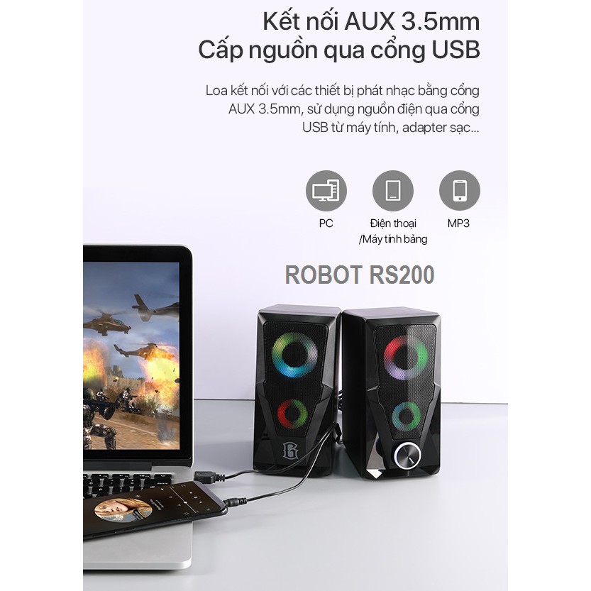 LOA Máy Tính Gaming 6W ROBOT RS200 Hiệu Ứng Đèn LED Âm Thanh HD Chất Lượng Cao Chính Hãng