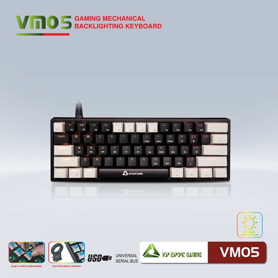 Bàn phím Cơ Gaming Mini VSP Esport VM05 - 9 chế độ Led, 61 Keys - Hãng phân phối