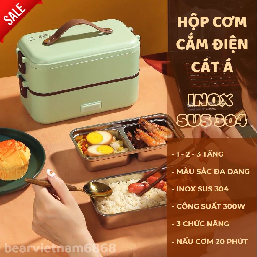 Hộp cơm văn phòng cắm điện CÁT Á 1 - 2 - 3 tầng lõi Inox 304 đựng thức ăn cao cấp