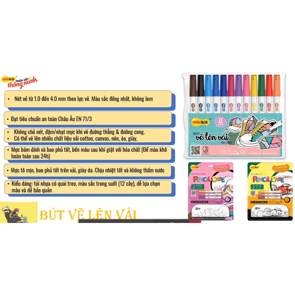 Bút vẽ lên vải 12 màu Fabric Marker Thiên Long Colokit - Tặng kèm túi vải Canvas
