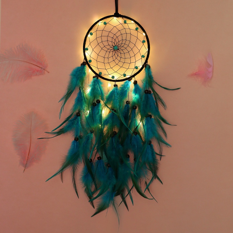 Dreamcatcher Đính Lông Vũ Có Đèn Led Trang Trí Phòng Ngủ Phòng Khách Tặng Kèm Móc Dán Tường