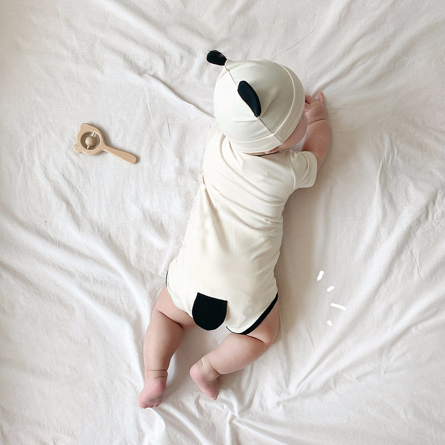 Bộ Áo Liền Quần Cotton Tay Ngắn In Hình Gấu Trúc Với Mũ Đáng Yêu Thoải Mái Thời Trang Hè Cho Bé