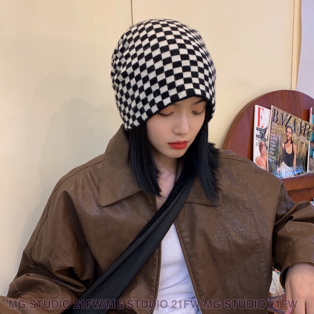 Nón đan len MG STUDIO hoạ tiết kẻ ô cá tính 6 màu thời trang