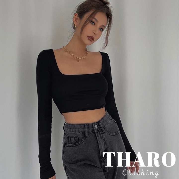 Áo Croptop Nữ Gân Tăm, Cổ Vuông Tay Dài - Tharo Clothing