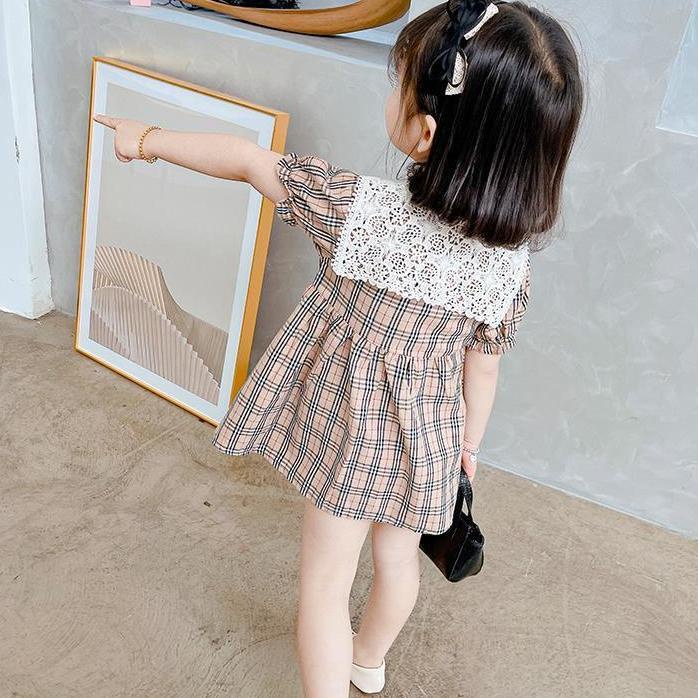 Đầm công chúa tay ngắn kẻ sọc caro thiết kế thời trang mùa hè theo phong cách Hàn Quốc cho bé gái 2021