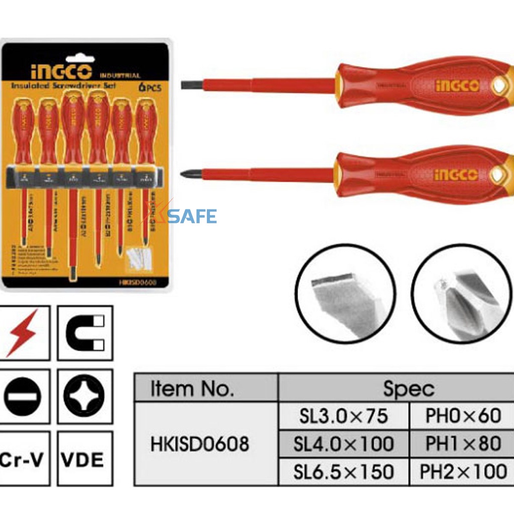 Bộ 6 tua vít cách điện 1000V INGCO HKISD0608 tay cầm mới Bộ tuốc nơ vít đa năng chui tròn cách điện - Chính hãng