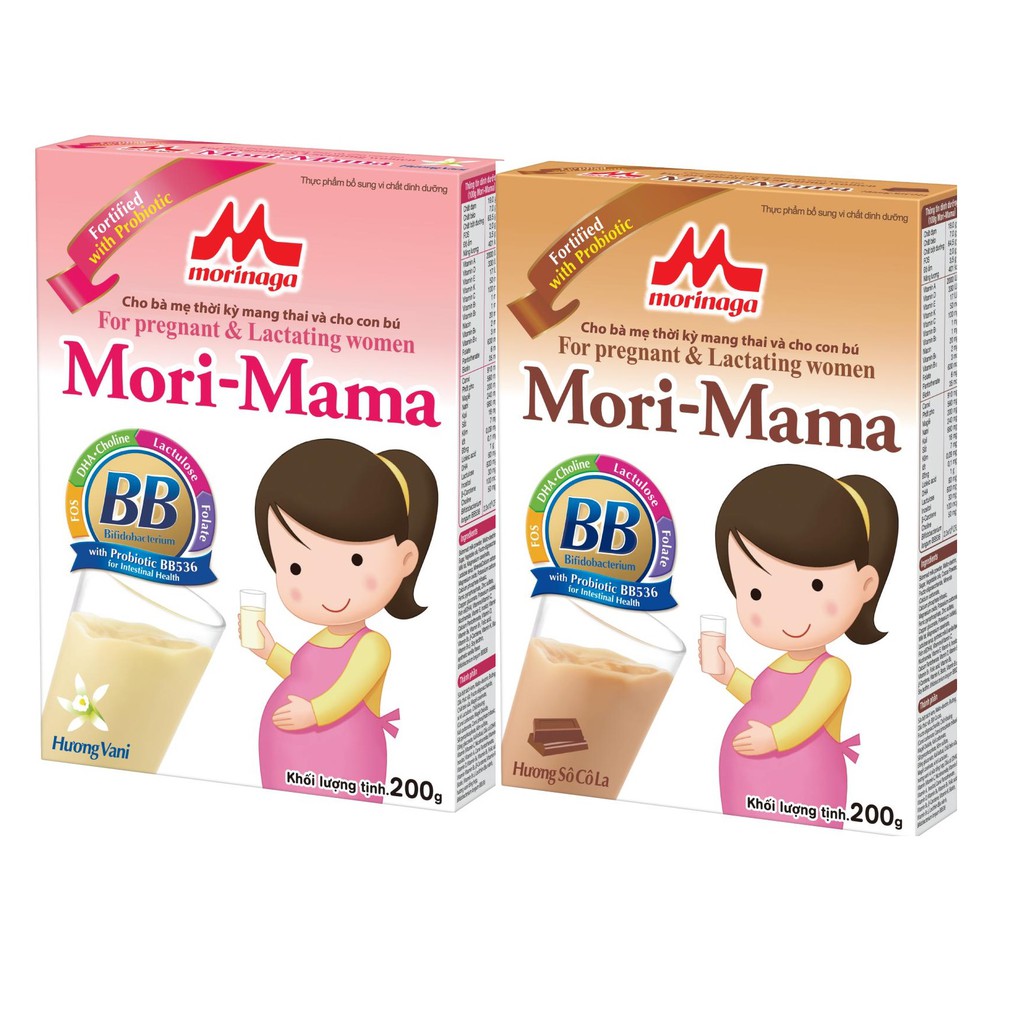 Combo 2 hộp sữa Morinaga dành cho mẹ bầu và sau sinh Mori-Mama 200gr hương socola/vani