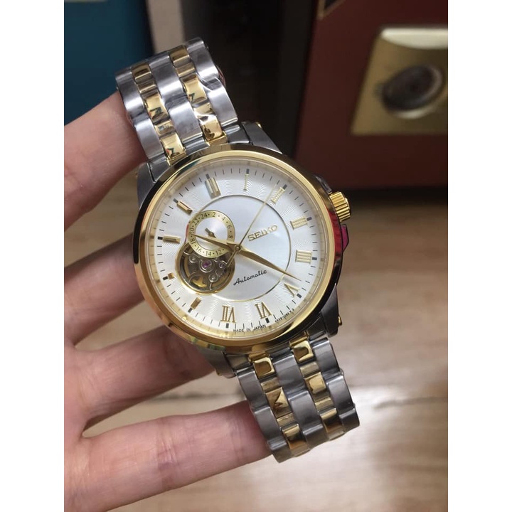 Đồng hồ Nam seiko hở máy chạy cơ automatic vỏ vàng dây đơ mi trắng pha vàng máy Nhật 40-41mm