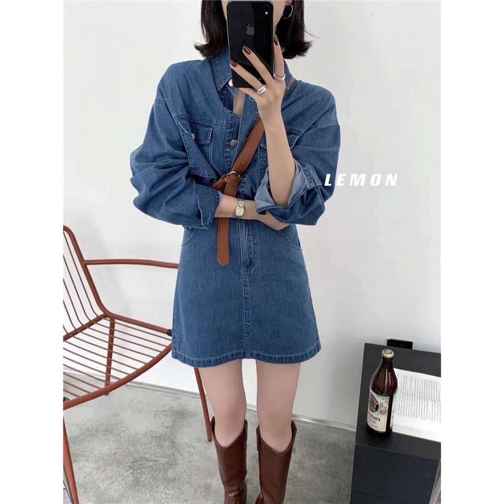 ❣✔☃Bộ áo sơ mi Denim + chân váy Denim lưng cao thanh lịch cá tính kiểu Hong Kong