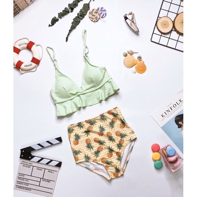 Bikini đồ bơi nữ 2 mảnh cạp cao màu xanh bơ trái dứa dễ thương