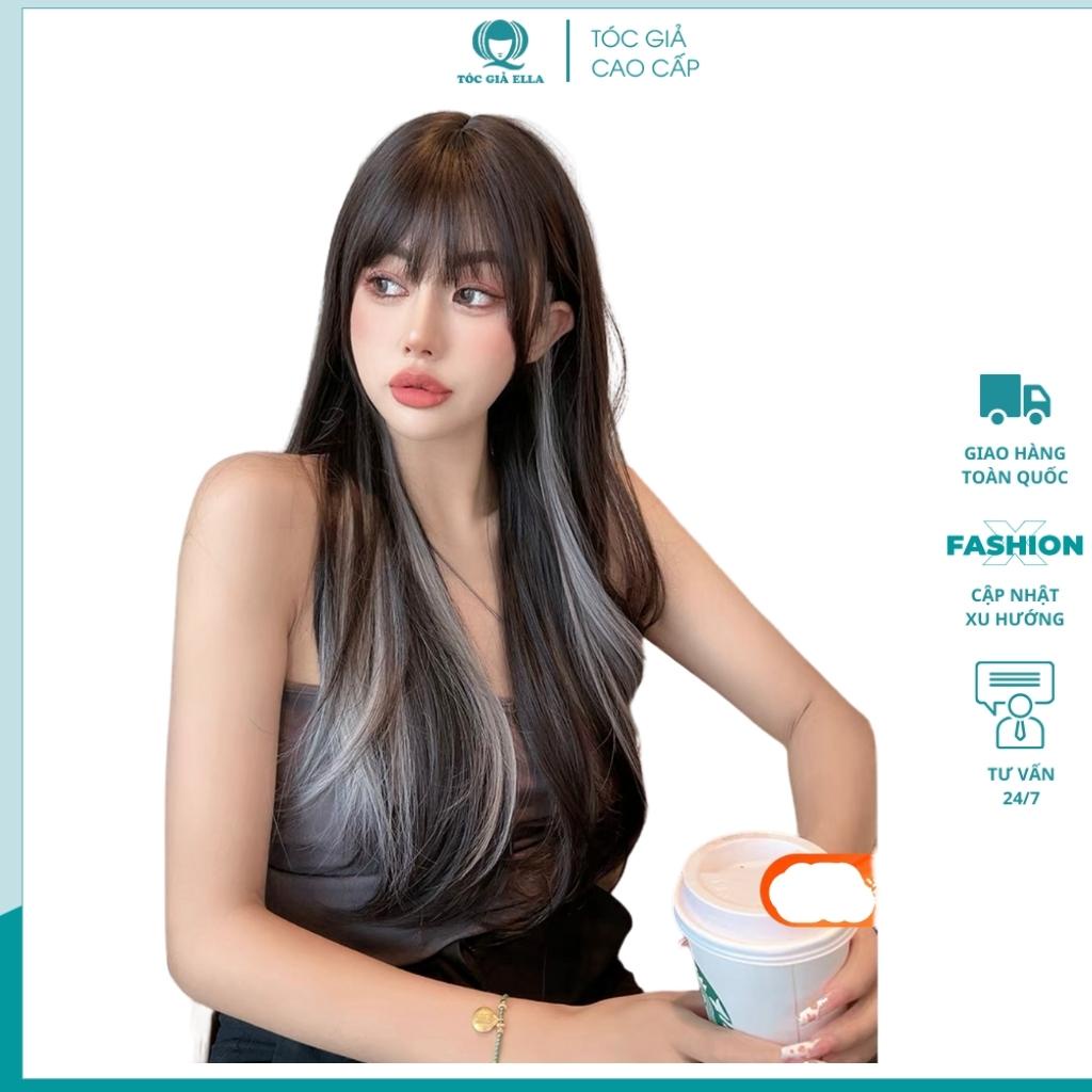 Tóc giả nguyên đầu xoăn đen line xám dài mã S1278