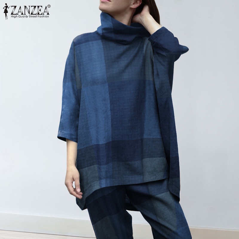 Set bộ ZANZEA gồm áo cổ lọ họa tiết sọc caro + quần ống rộng lưng thun thời trang Châu Âu cho nữ