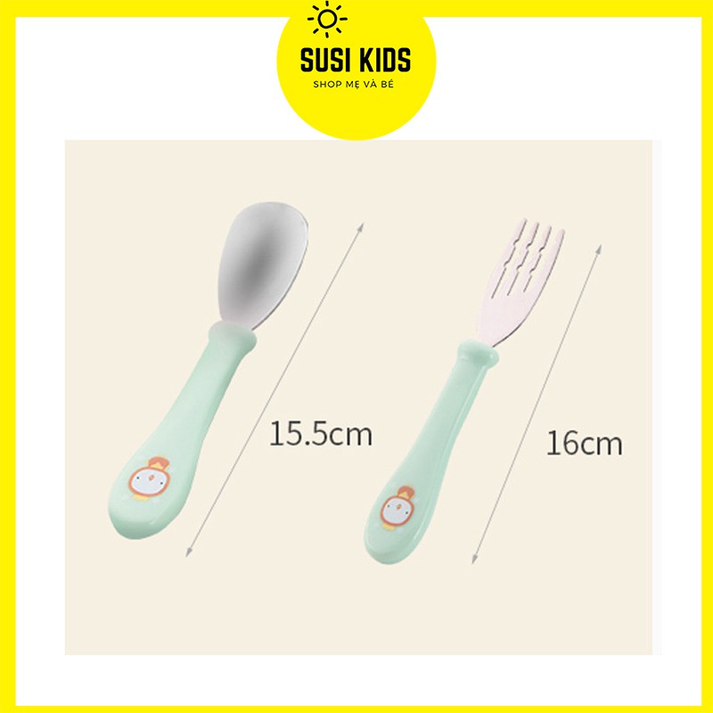 Set Thìa Nĩa Dĩa Cho Bé Trai Bé Gái Ăn Dặm Tập Xúc Đầu Inox 304 Cán Nhựa - Susi Kids