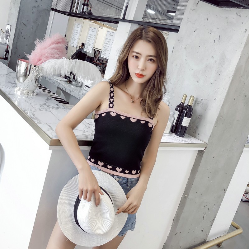 Women summer knitted tank top strap off shoulder sexy vest sleeveless shirt