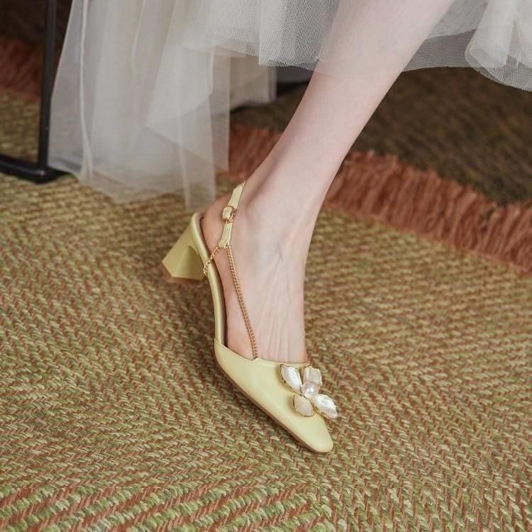 Sandal cao gót trang trí ngọc trai giả phong cách Pháp trẻ trung cho nữ