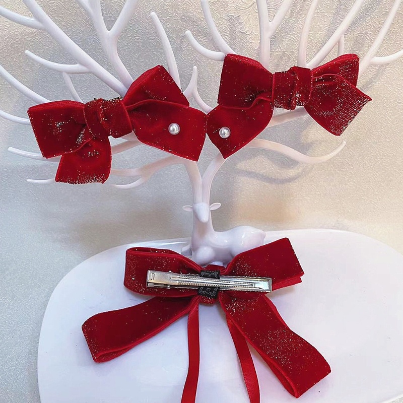 Kẹp Tóc Nơ Vải Nhung Đính Ngọc Trai Nhân Tạo Thời Trang