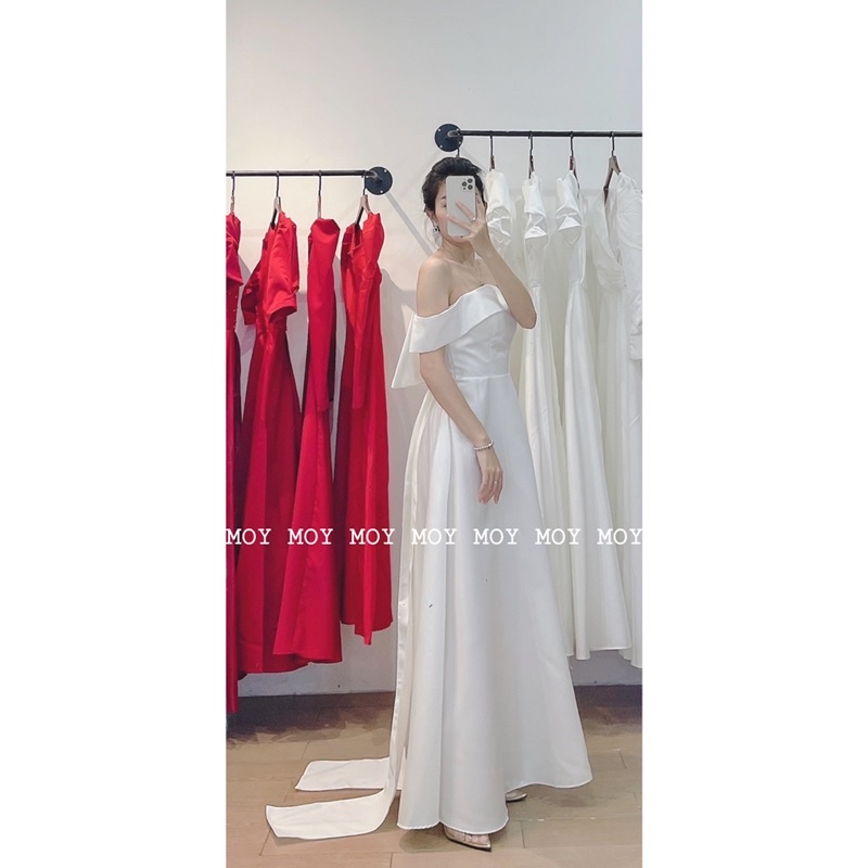 Váy bệt vai phi nhám dài xoè nơ lưng dài - Váy thiết kế cao cấp