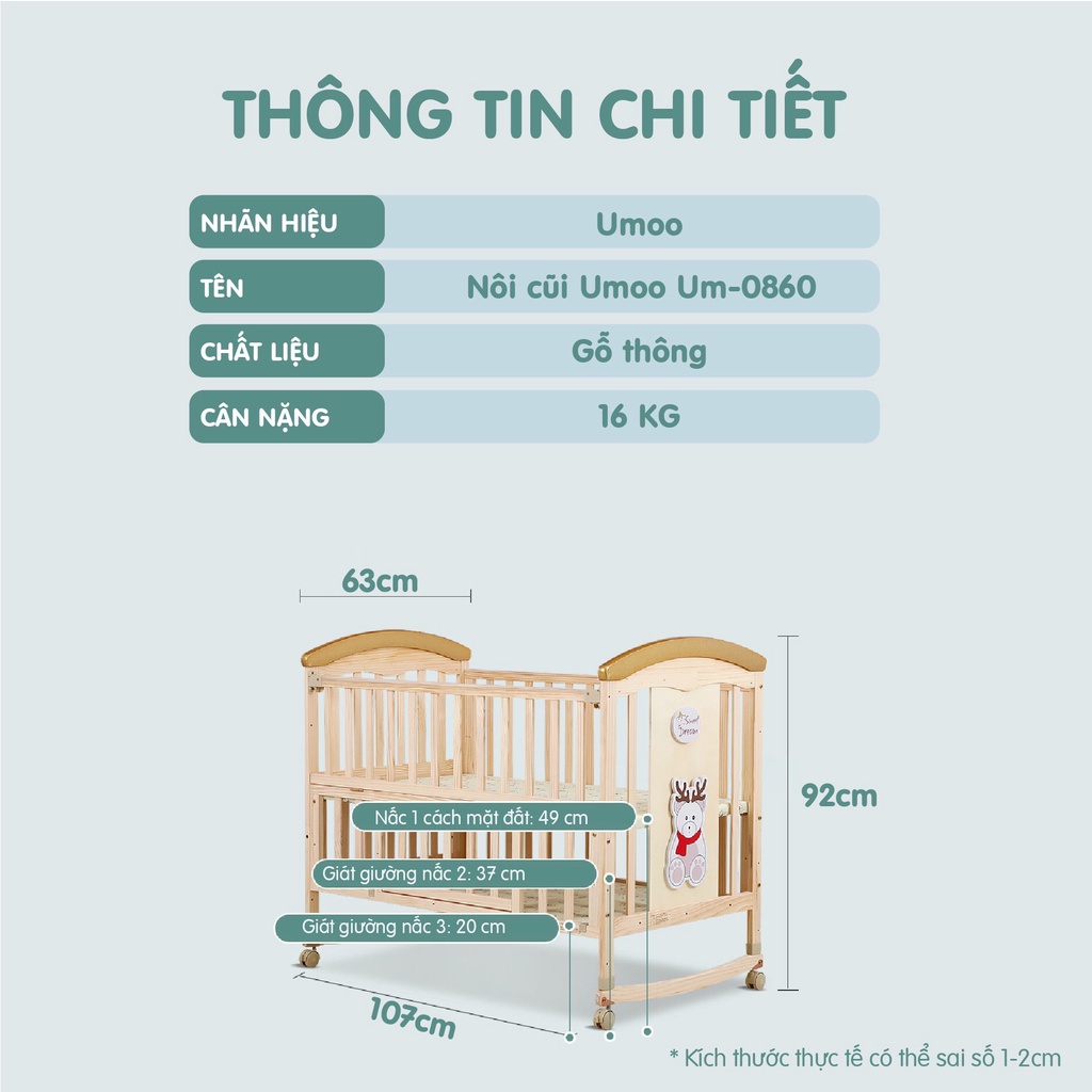 Nôi cũi UMOO UM-08105, nôi đa năng màu gỗ 08136, màu trắng 08137
