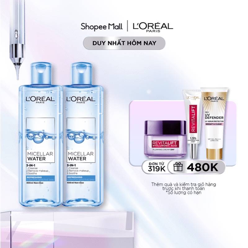 Bộ 2 nước tẩy trang đa năng 3in1 tươi mát L'Oreal Paris (xanh dương nhạt) 400ml