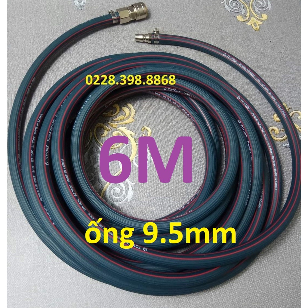 Dây hơi cao su bố vải 6m, made in Korea, lỗ 9.5mm, kèm bộ đầu nối nhanh cao cấp (SS2597) (SS1994)