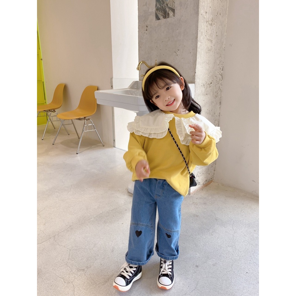 Bộ quần áo vintage bé gái, set áo vàng da cá cổ bèo quần xuông thêu tim cho bé size 12-30kg