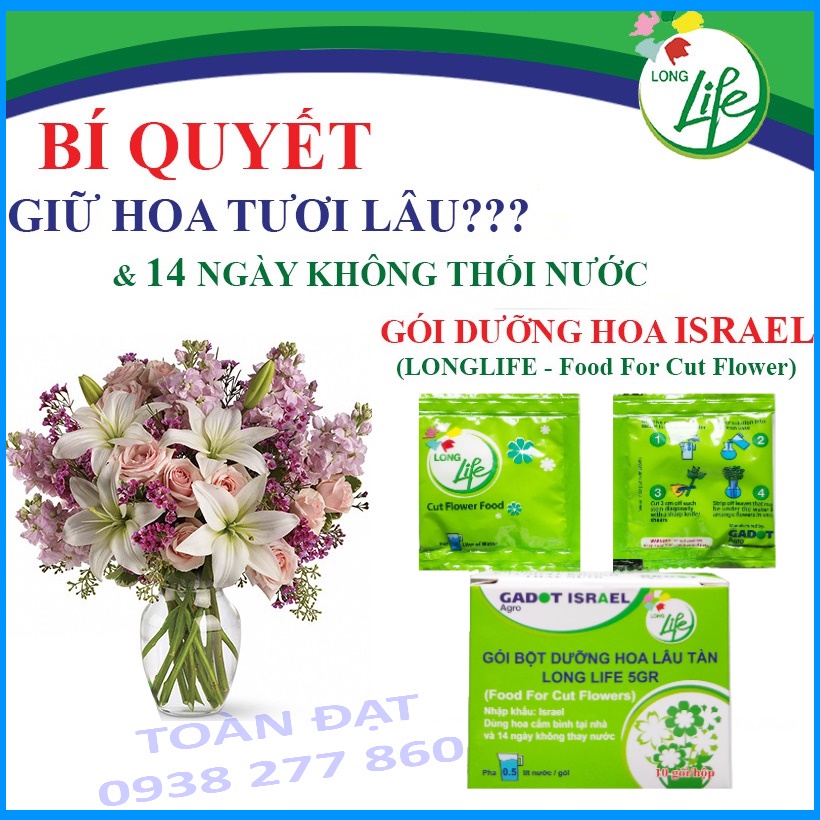 Bột dưỡng hoa Long Life (Hộp 10 gói), Thuốc Dưỡng Hoa Lâu Tàn, Không Thối Nước, dưỡng chất cắm hoa tươi
