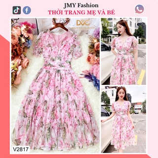 V2817 váy hoa nhí hồng dáng dài tay phồng tiểu thư bèo eo - (DVC&ACC) Dolce viva colection