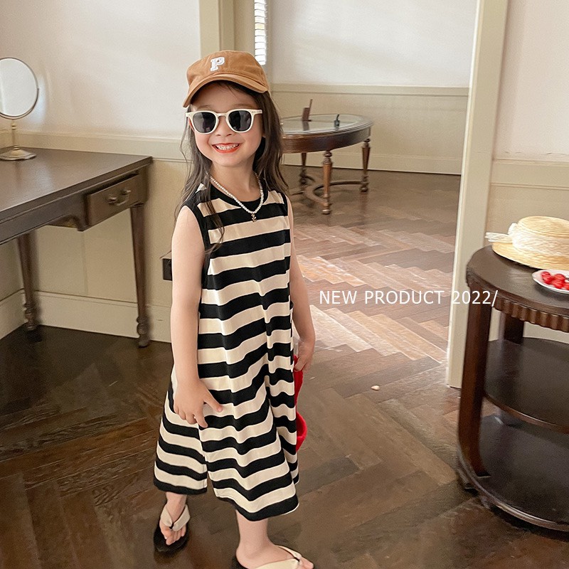 Đầm suông ba lỗ cọc tay phong cách Hàn Quốc cho bé D833