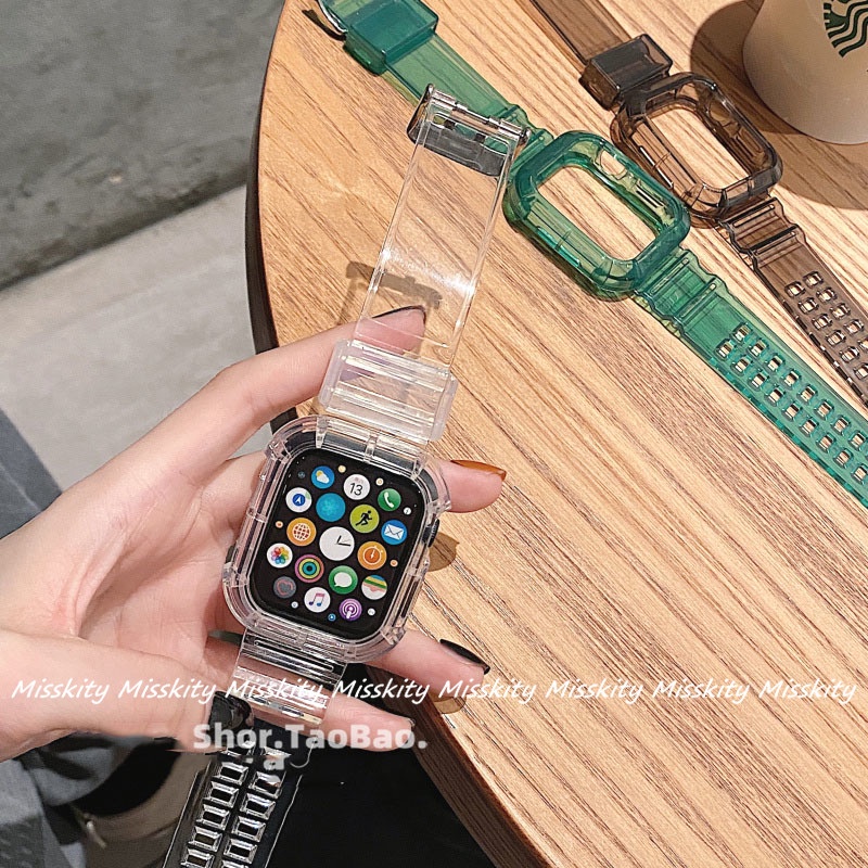 Dây Đeo Nhựa Trong Suốt 2 Trong 1 Cho Đồng Hồ Thông Minh Apple Watch Serise 7 6 SE 5 4 3 2 2 Trong 1 45mm 40mm 42mm 44mm