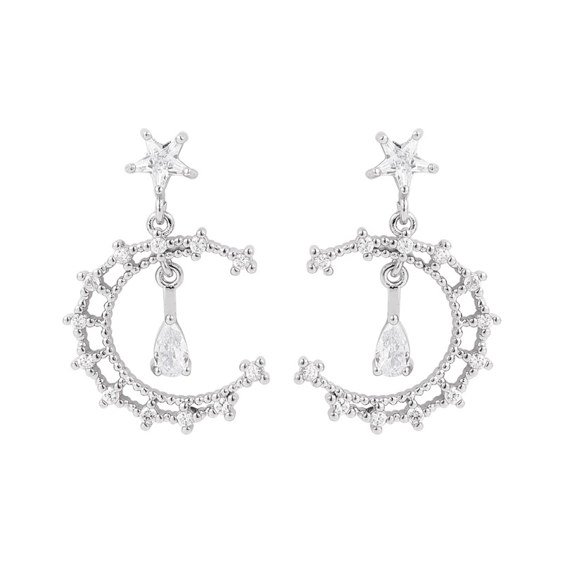 925 Silver metallic zirconium drop earrings new crescent sweet temperament fashion earrings ins