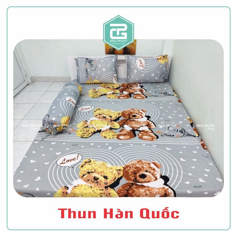 Bộ ga gối Thun Lạnh Hàn Quốc {4 món} họa tiết Gấu Bông ( 1 ga bọc + 2 vỏ gối nằm + 1 vỏ gối ôm )