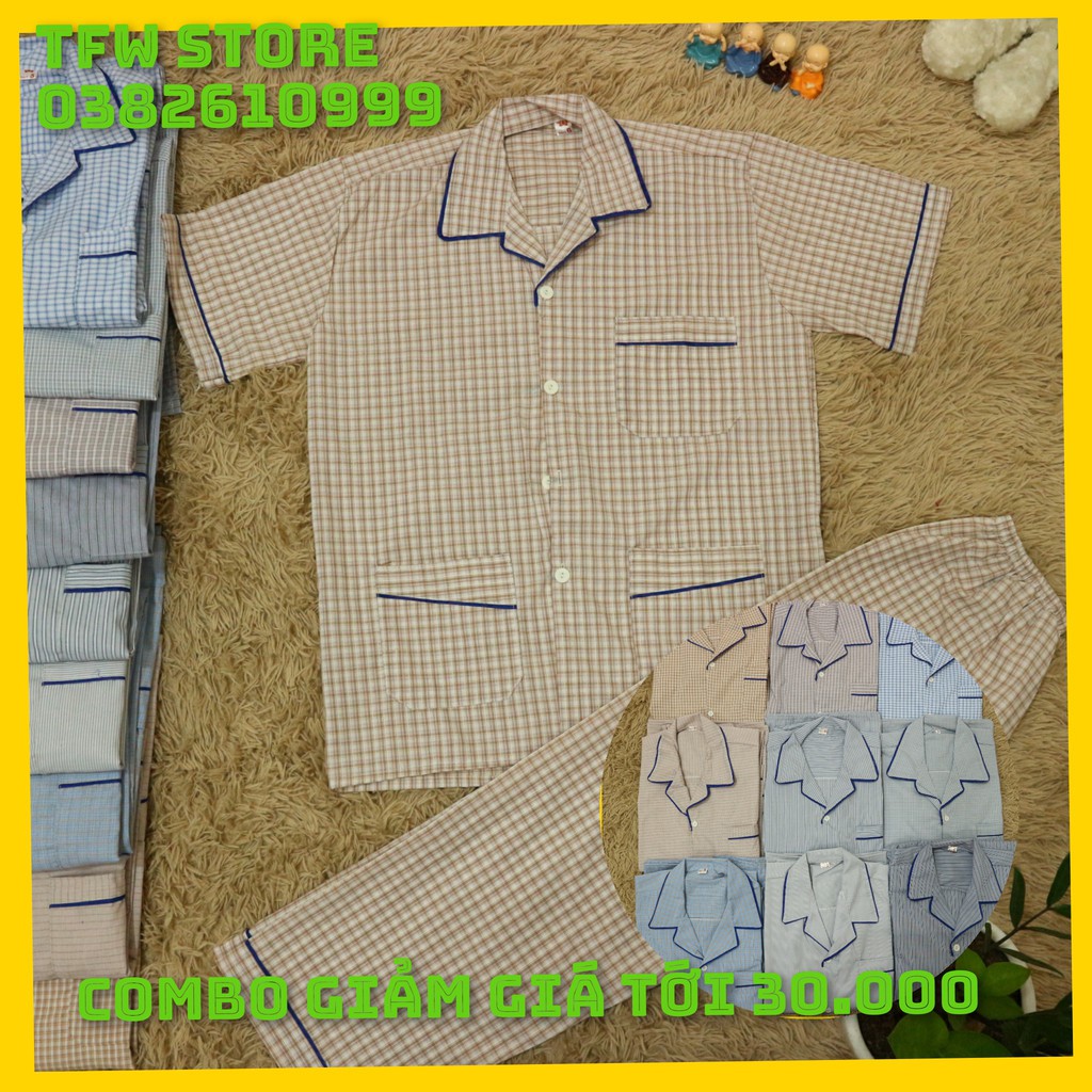 [Ảnh Thật] Bộ pijama nam trung niên vải kate kẻ sọc (pyjama, cộc tay), quần áo mặc nhà, bộ ngủ cho ông, cho bố - Hàng VN