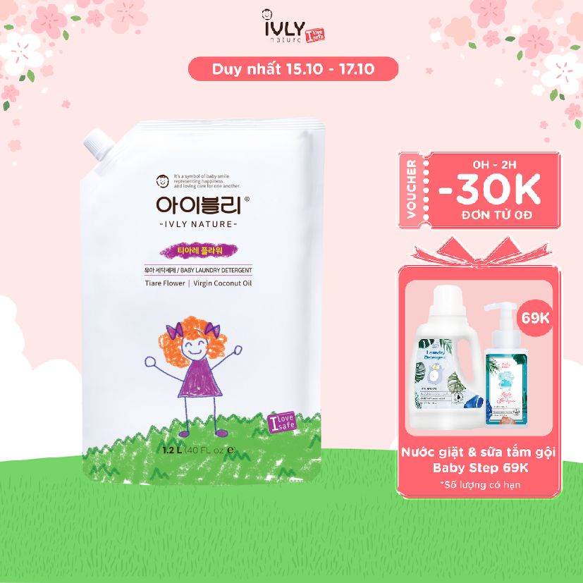 Nước giặt quần áo cho trẻ sơ sinh IVLY NATURE hương hoa Tiare dạng túi 1200ml, nhập khẩu Hàn Quốc ivly008