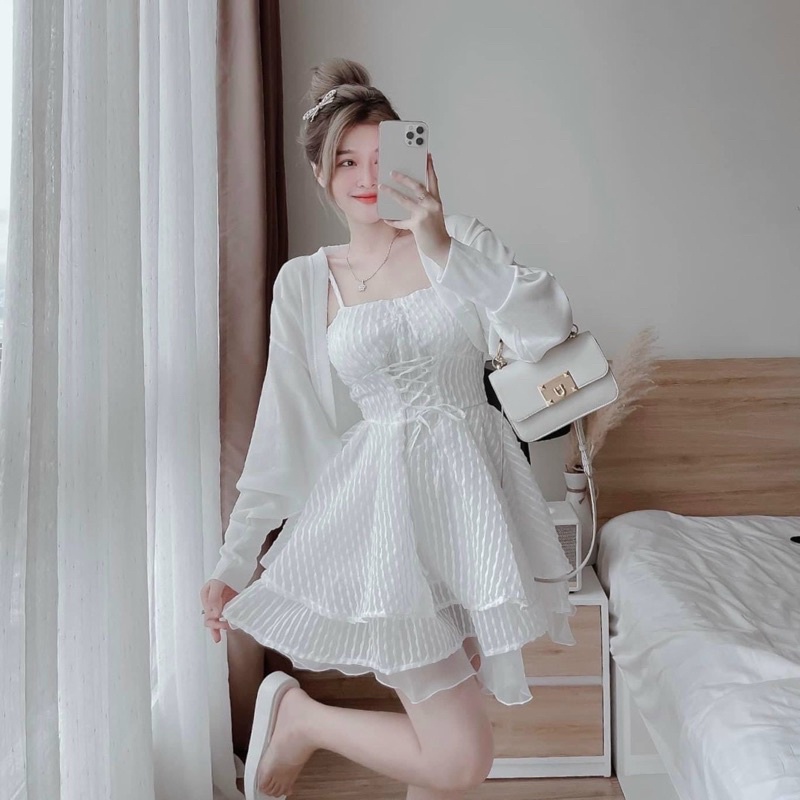 SET ĐẦM 2S TRẮNG XỐP ĐAN DÂY NGỰC KÈM KHOÁC
