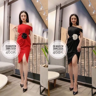 Đầm dự tiệc lệch vai nhún eo đính bông xinh xắn